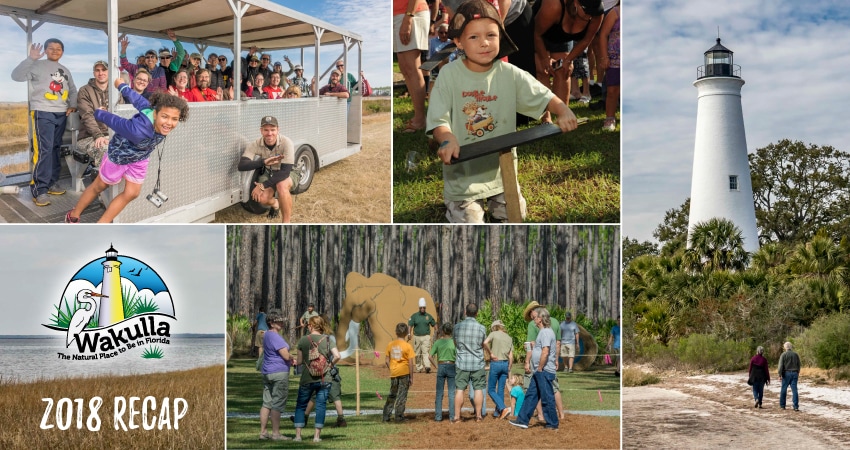 Group of 5 pictures with water and Wakulla logo, St. Marks Lighthouse, children on trolley, a hunting demonstration and a boy worm gruntin'