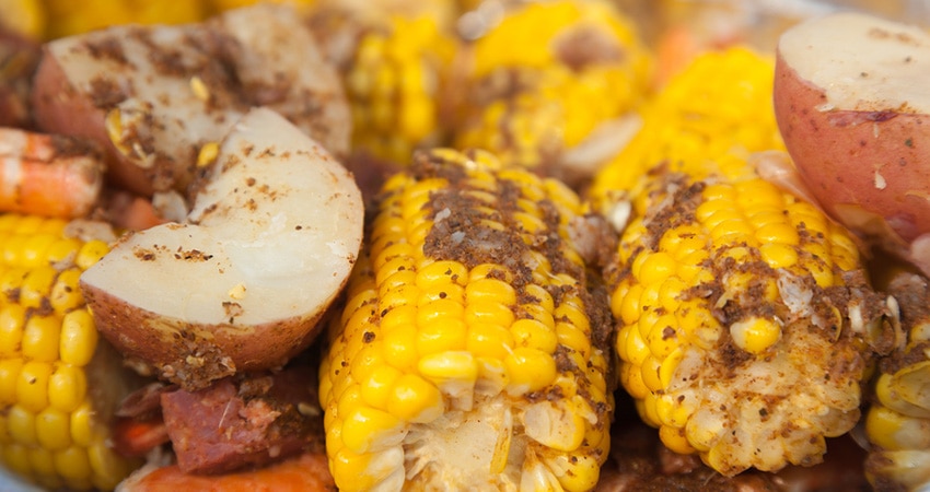 Low country boil with corn, potatoes, shrimp and sausage
